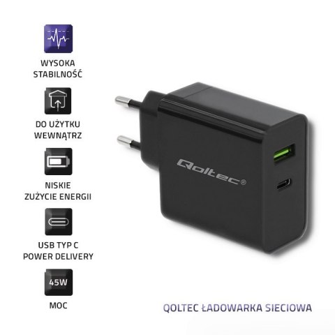 Qoltec Ładowarka sieciowa 45W | 5-20V | 2.25-3A | USB typ C PD | USB 3.0 | Czarna