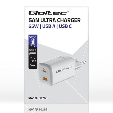 Qoltec Ładowarka sieciowa 65W GaN ULTRA | 5-20V | 2.25-3.25A | 1 x USB typ C PD | 1 x USB QC 3.0 | Laptop | Smartfon | Biała
