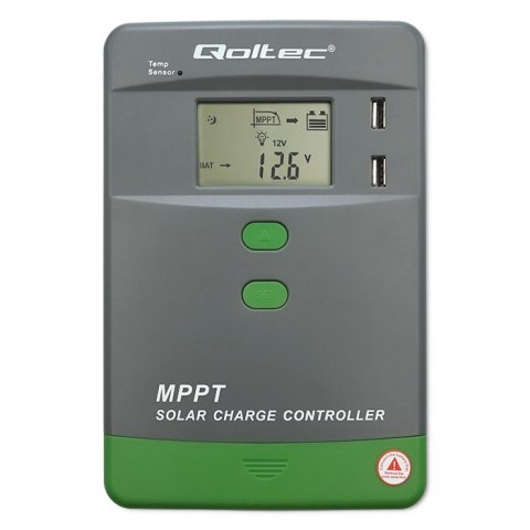 Qoltec Solarny regulator ładowania MPPT z czujnikiem temperatury 10A |12V / 24V | LCD | 2 x USB | GEL | LiFePO4