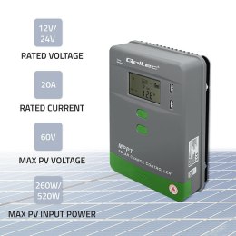 Qoltec Solarny regulator ładowania MPPT z czujnikiem temperatury 20A |12V / 24V | LCD | 2 x USB | GEL | LiFePO4