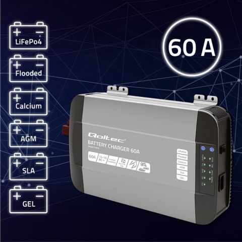 Qoltec Inteligentna profesjonalna ładowarka Monolith do akumulatorów LiFePO4 AGM GEL SLA | 60A | 12V | Szybkie ładowanie