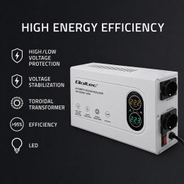 Qoltec Automatyczny Stabilizator napięcia AVR 2000VA | 1200W | Compact | Toroidalny transformator