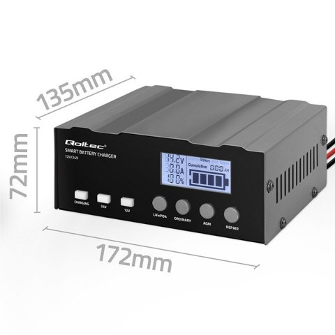 Qoltec Inteligentna mikroprocesorowa ładowarka 12A | 12V | 24V | Prostownik z funkcją naprawy do AGM GEL | LCD