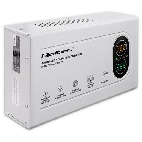 Qoltec Automatyczny Stabilizator napięcia AVR 3000VA | 1800W | Compact | Toroidalny transformator