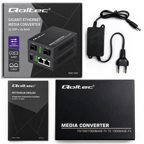Qoltec Dwukierunkowy Media Konwerter SWITCH Ethernet 2x RJ45 2x SFP| 1000Mb/s | 5V