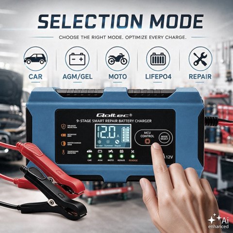 Qoltec Inteligentna ładowarka 12V 10A | Prostownik z funkcją naprawy | MCU | Auto OFF | 9-stopniowe ładowanie | AGM GEL LiFePO4