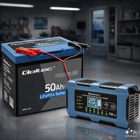 Qoltec Inteligentna ładowarka 12V 10A | Prostownik z funkcją naprawy | MCU | Auto OFF | 9-stopniowe ładowanie | AGM GEL LiFePO4