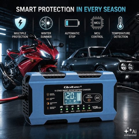 Qoltec Inteligentna ładowarka 12V 10A | Prostownik z funkcją naprawy | MCU | Auto OFF | 9-stopniowe ładowanie | AGM GEL LiFePO4