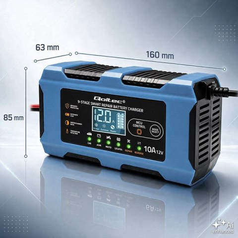 Qoltec Inteligentna ładowarka 12V 10A | Prostownik z funkcją naprawy | MCU | Auto OFF | 9-stopniowe ładowanie | AGM GEL LiFePO4