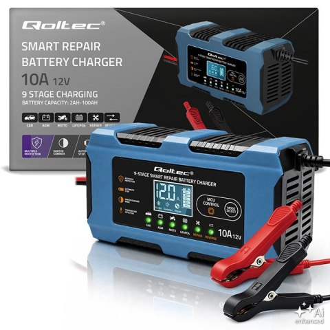 Qoltec Inteligentna ładowarka 12V 10A | Prostownik z funkcją naprawy | MCU | Auto OFF | 9-stopniowe ładowanie | AGM GEL LiFePO4