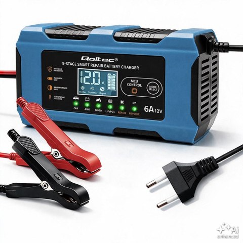 Qoltec Inteligentna ładowarka 12V 6A | Prostownik z funkcją naprawy | MCU | Auto OFF | 9-stopniowe ładowanie | AGM GEL LiFePO4