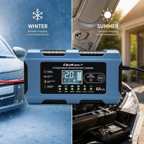 Qoltec Inteligentna ładowarka 12V 6A | Prostownik z funkcją naprawy | MCU | Auto OFF | 9-stopniowe ładowanie | AGM GEL LiFePO4