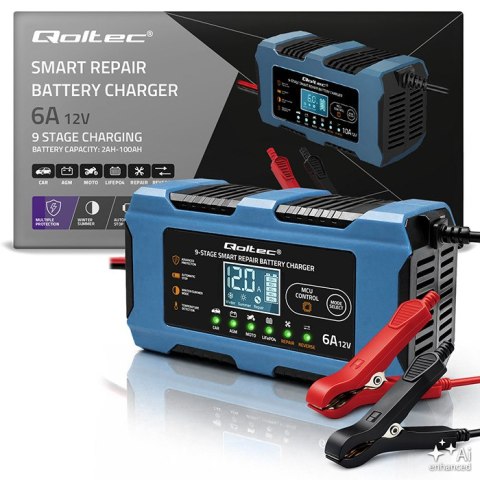 Qoltec Inteligentna ładowarka 12V 6A | Prostownik z funkcją naprawy | MCU | Auto OFF | 9-stopniowe ładowanie | AGM GEL LiFePO4