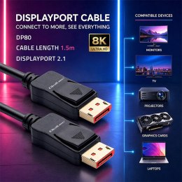 Qoltec Kabel DisplayPort v2.1 męski | DisplayPort v2.1 męski | 8K | 54G | 1.5m