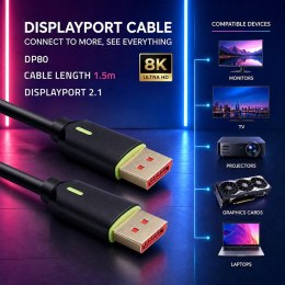 Qoltec Kabel DisplayPort v2.1 męski | DisplayPort v2.1 męski | 8K | 80G | 1.5m