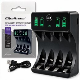Qoltec Ładowarka do akumulatorków Ni-MH typu R03 AAA R6 AA | LCD | Kabel USB-C | Czarna