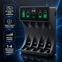 Qoltec Ładowarka do akumulatorków Ni-MH typu R03 AAA R6 AA | LCD | Kabel USB-C | Czarna