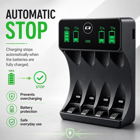 Qoltec Ładowarka do akumulatorków Ni-MH typu R03 AAA R6 AA | LCD | Kabel USB-C | Czarna