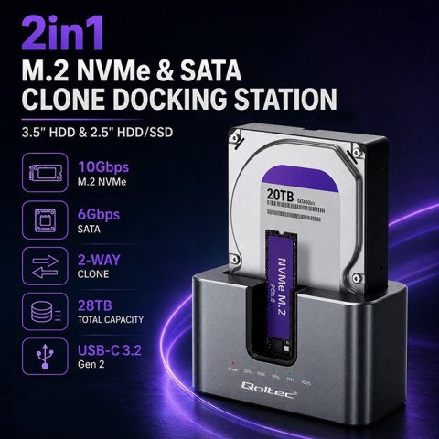 Qoltec Stacja dokująca 2w1 z funkcją Klonowania do dysków HDD SSD | 2.5" 3.5" SATA 6Gb/s | M.2 NVMe 10Gb/s | USB-C 3.2 gen 2 | 2