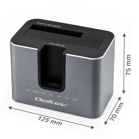 Qoltec Stacja dokująca 2w1 z funkcją Klonowania do dysków HDD SSD | 2.5" 3.5" SATA 6Gb/s | M.2 NVMe 10Gb/s | USB-C 3.2 gen 2 | 2