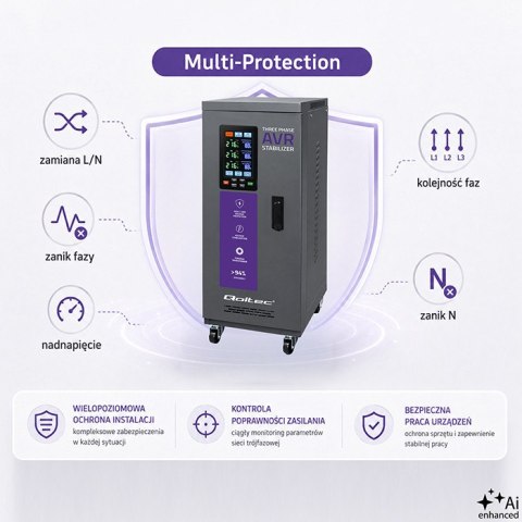 Qoltec Trójfazowy stabilizator napięcia AVR MULTIPROTECTION |10kVA | Dokładność ± 3% | Serwomotor 3F | LCD | Expert Line