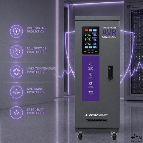 Qoltec Trójfazowy stabilizator napięcia AVR MULTIPROTECTION |15kVA | Dokładność ± 3% | Serwomotor 3F | LCD | Expert Line