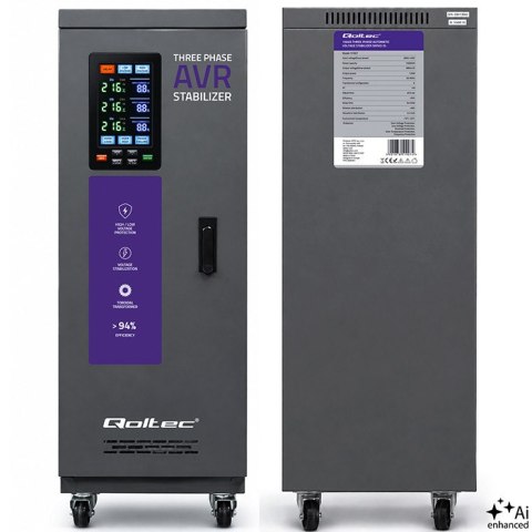 Qoltec Trójfazowy stabilizator napięcia AVR MULTIPROTECTION |15kVA | Dokładność ± 3% | Serwomotor 3F | LCD | Expert Line