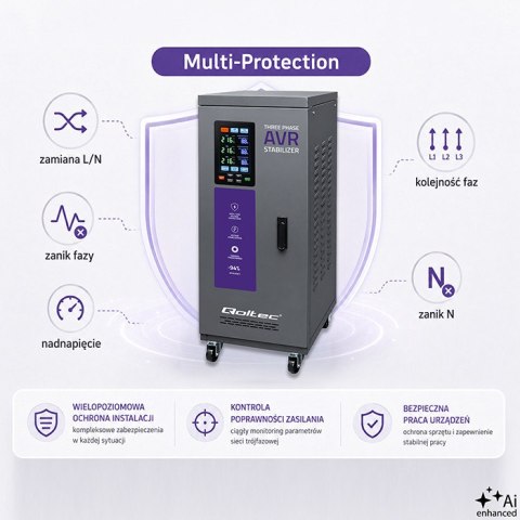 Qoltec Trójfazowy stabilizator napięcia AVR MULTIPROTECTION | 20kVA | Dokładność ± 3% | Serwomotor 3F | LCD | Expert Line