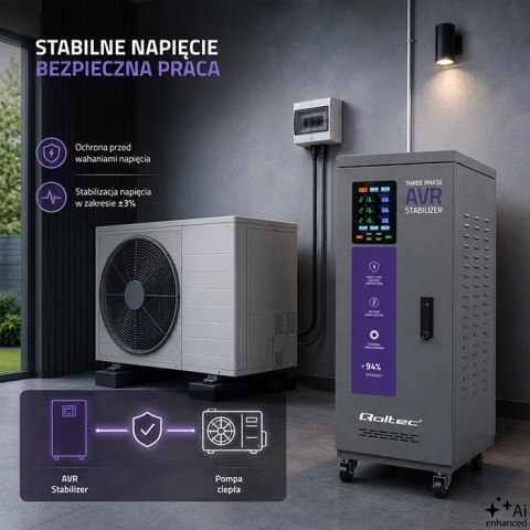 Qoltec Trójfazowy stabilizator napięcia AVR MULTIPROTECTION | 20kVA | Dokładność ± 3% | Serwomotor 3F | LCD | Expert Line