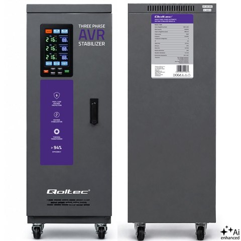 Qoltec Trójfazowy stabilizator napięcia AVR MULTIPROTECTION | 20kVA | Dokładność ± 3% | Serwomotor 3F | LCD | Expert Line