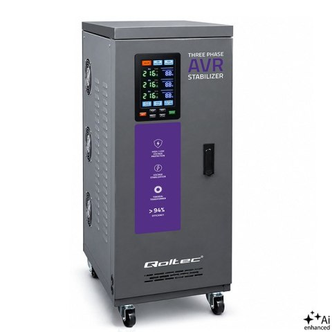 Qoltec Trójfazowy stabilizator napięcia AVR MULTIPROTECTION | 30kVA | Dokładność ± 3% | Serwomotor 3F | LCD | Expert Line