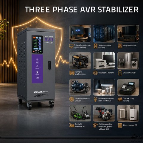 Qoltec Trójfazowy stabilizator napięcia AVR MULTIPROTECTION | 30kVA | Dokładność ± 3% | Serwomotor 3F | LCD | Expert Line