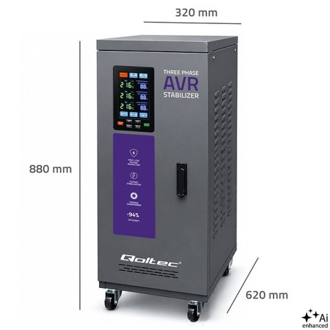 Qoltec Trójfazowy stabilizator napięcia AVR MULTIPROTECTION | 30kVA | Dokładność ± 3% | Serwomotor 3F | LCD | Expert Line