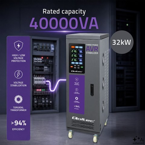 Qoltec Trójfazowy stabilizator napięcia AVR MULTIPROTECTION | 40kVA | Dokładność ± 3% | Serwomotor 3F | LCD | Expert Line