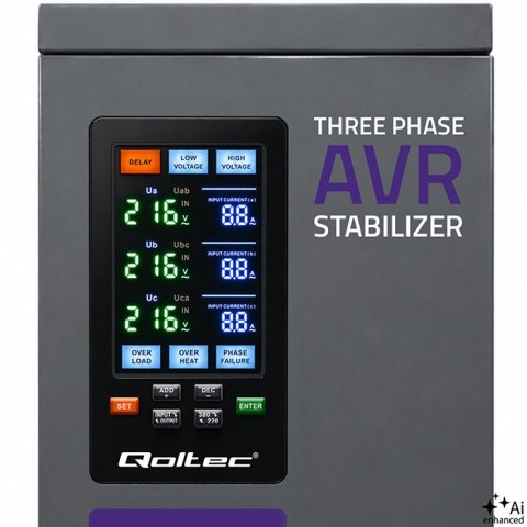 Qoltec Trójfazowy stabilizator napięcia AVR MULTIPROTECTION | 40kVA | Dokładność ± 3% | Serwomotor 3F | LCD | Expert Line