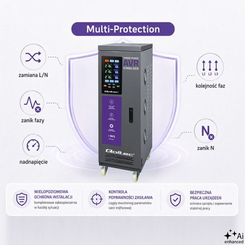 Qoltec Trójfazowy stabilizator napięcia AVR MULTIPROTECTION | 40kVA | Dokładność ± 3% | Serwomotor 3F | LCD | Expert Line