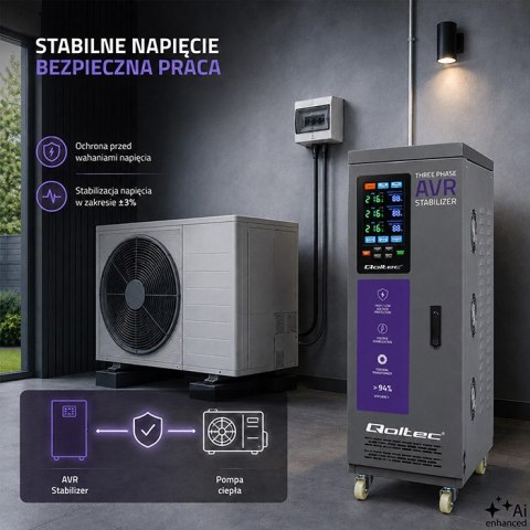 Qoltec Trójfazowy stabilizator napięcia AVR MULTIPROTECTION | 40kVA | Dokładność ± 3% | Serwomotor 3F | LCD | Expert Line