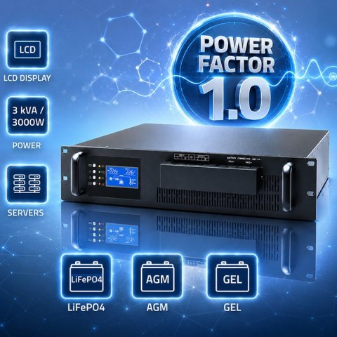 Qoltec Zasilacz awaryjny UPS Pure Sine Wave do RACK | 3kVA | 3000W | Power Factor 1.0 | LCD | EPO | USB | On-line