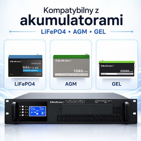 Qoltec Zasilacz awaryjny UPS Pure Sine Wave do RACK | 3kVA | 3000W | Power Factor 1.0 | LCD | EPO | USB | On-line